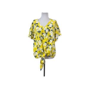 Charter Club NEW Women's XXL Tie Front Blouse Floral Yellow Blue 100% Linen S/S